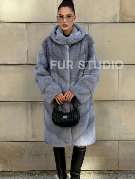 Шуба midi из меха норки с капюшоном, рукава трансформер - фото 8