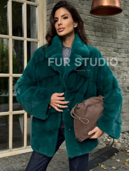 Полушубок норковый - цвет изумруд - фото 3