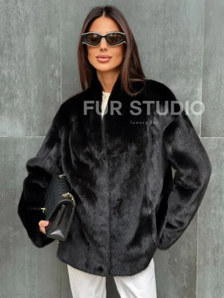 Черный норковый полушубок V-образный воротник - фото 2