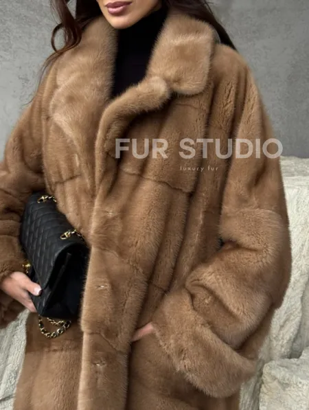 Бежевая норковая шуба oversize - фото 1