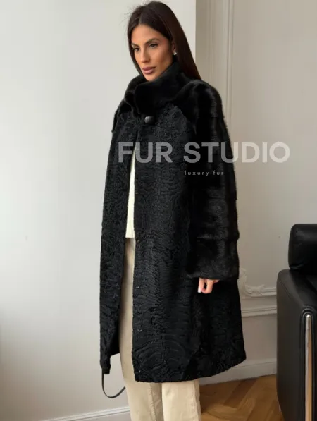 Шуба из каракуля с норкой - стойка воротник - фото 7