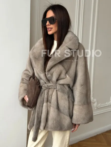 Норковый полушубок в натуральном цвете Silver - фото 11