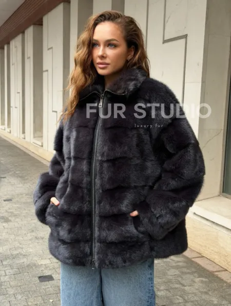 Норковая куртка на молнии - графит - фото 6