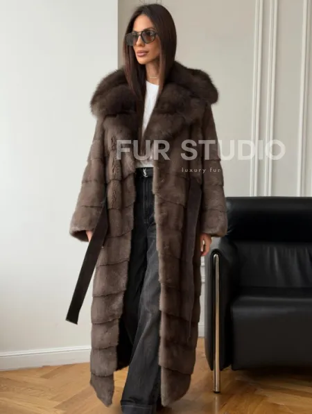 Шуба-кимоно с капюшоном куница - фото 0