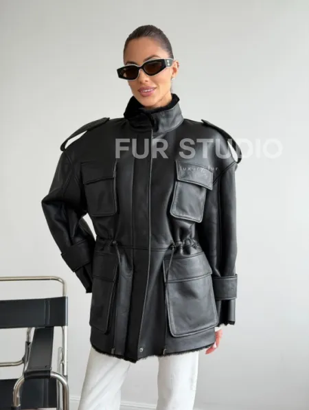 Черная куртка - дубленка из испанского мериноса - фото 8