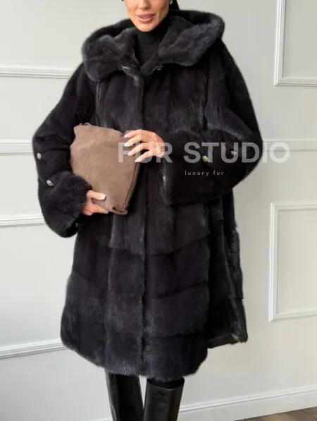 Норковая шуба с капюшоном - графит - фото 5