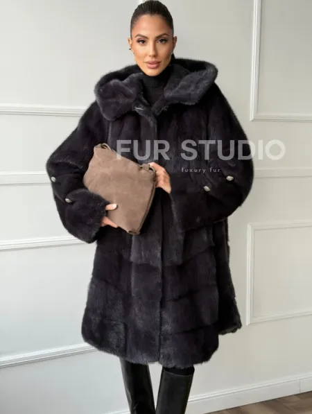 Норковая шуба с капюшоном - графит - фото 6
