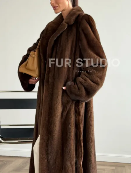 Прямая шуба из норки с поясом - фото 3