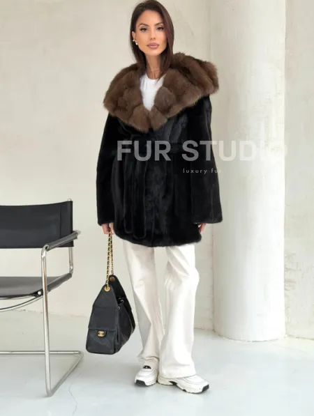 Черная шуба в роспуск с капюшоном соболь - фото 5