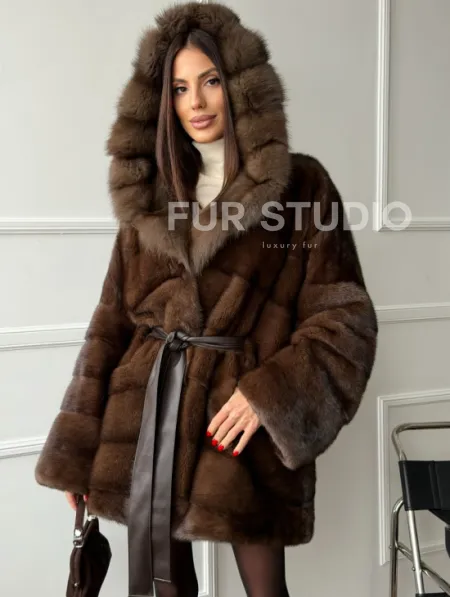 Шуба норка - кимоно с капюшоном - фото 0