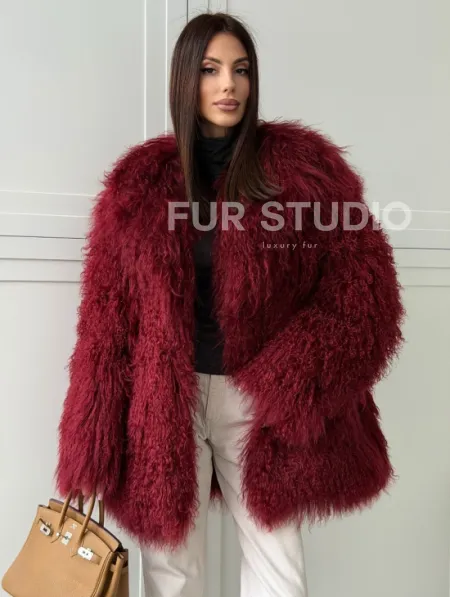 Шуба из ламы PREMIUM - бургунди - фото 0