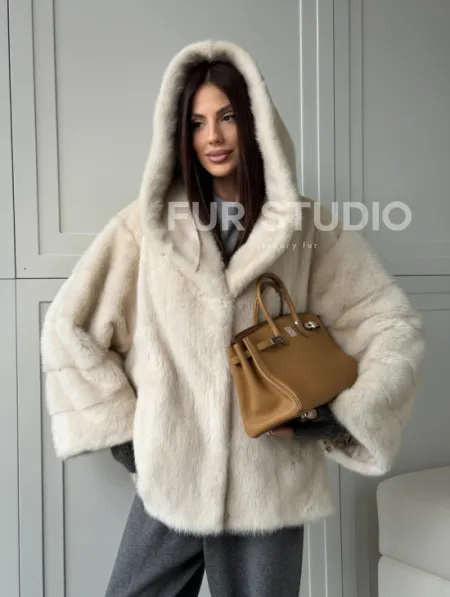 Норковый полушубок с капюшоном кобра - фото 19