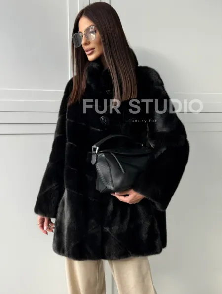 Черная норковая шуба - стойка воротник - фото 6