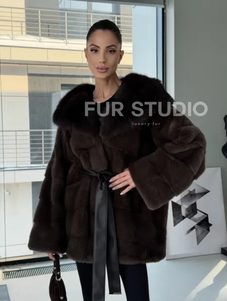 Норковая шуба кимоно с капюшоном куница - фото 15