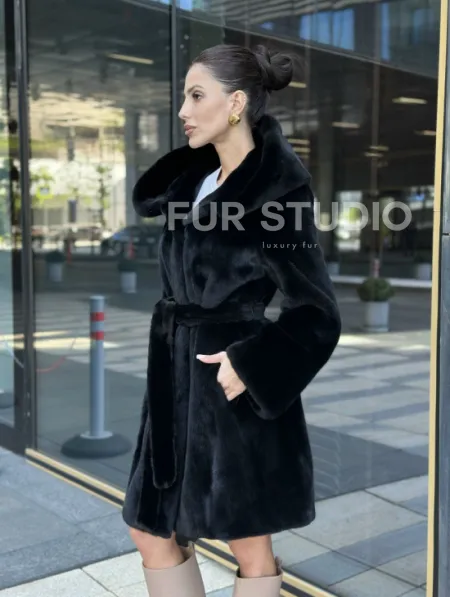 Шуба норковая с капюшоном, мех BLACKGLAMA - фото 2