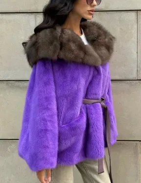 Шуба из норки Violet с капюшоном из меха куницы - фото 7