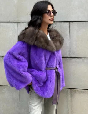 Шуба из норки Violet с капюшоном из меха куницы - фото 8