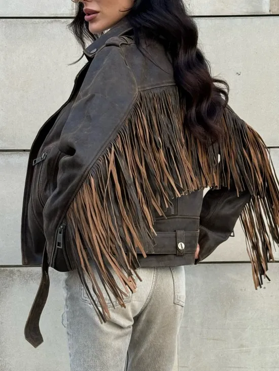 Куртка из натуральной кожи с бахромой «Vintage» - коричневая - фото 2