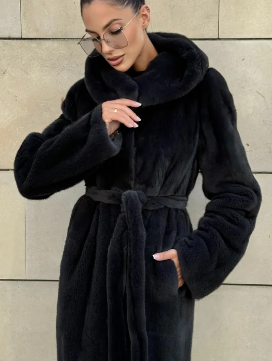 Шуба из меха импортной норки NAFA с капюшоном, цвет темный графит - фото 4