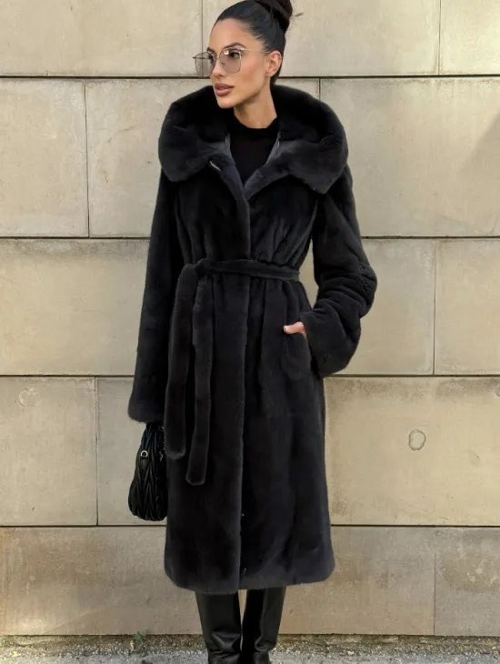 Шуба из меха импортной норки NAFA с капюшоном, цвет темный графит - фото 7