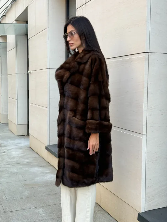 Шуба из меха соболиной норки английский воротник - цвет соболь - фото 3