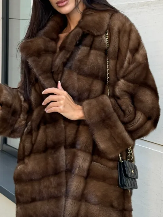 Шуба натуральная из меха норки английский воротник - цвет соболь - фото 2