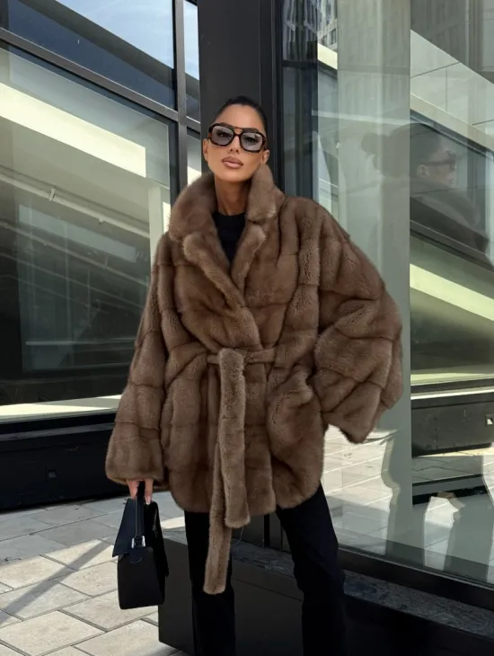 Шуба норковая летучая мышь английский воротник, оверсайз - цвет темный пастель - фото 11