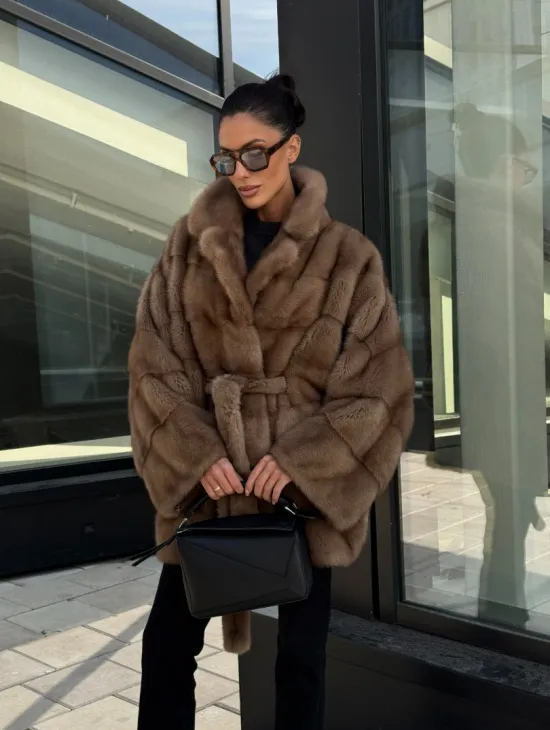 Шуба норковая летучая мышь английский воротник, оверсайз - цвет темный пастель - фото 8