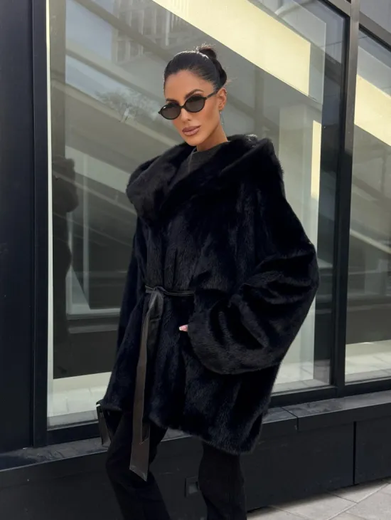 Шуба норковая натуральная с капюшоном кобра - накладные карманы - фото 5