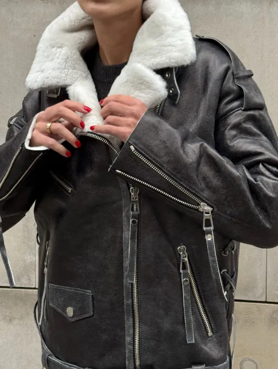 Дубленка-авиатор из натуральной овчины Dark Grey Vintage, со шнуровкой по боковому шву - фото 4