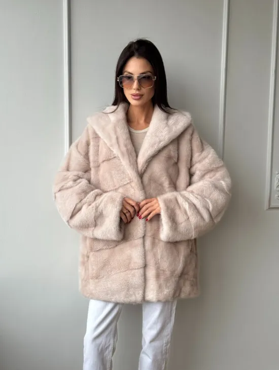 Зимняя норковая шуба цвет пудра с капюшоном - фото 10