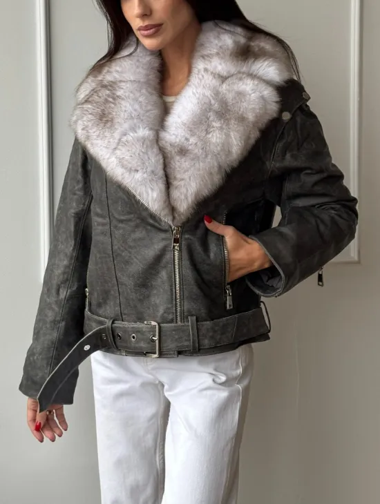 Куртка - косуха демисезонная из натуральной кожи с мехом песца - фото 7