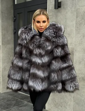 Шуба натуральная из чернобурки с капюшоном - фото 11