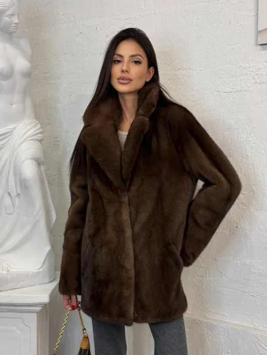 Женский жакет - полушубок Oversize из плюшевой норки Velvet английский воротник - фото 8