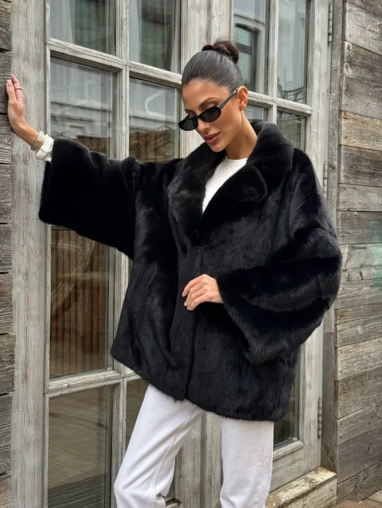 Женский норковый полушубок оверсайз в цвете Black, английский воротник - фото 7
