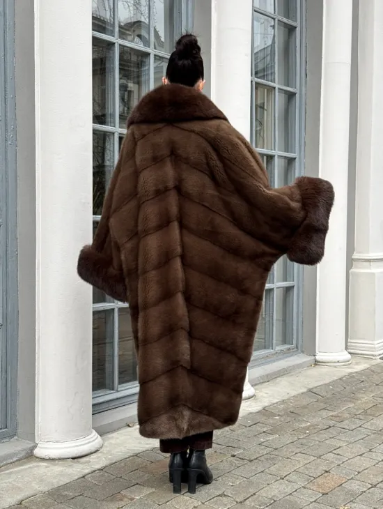 Норковая шуба пальто стиль «Бохо» с воротником и рукавами из меха песца - цвет орех - фото 10