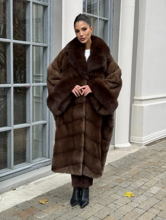 Норковая шуба пальто стиль «Бохо» с воротником и рукавами из меха песца - цвет орех - фото 11