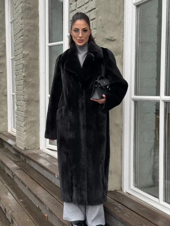Шуба из канадской аукционной норки с английским воротником - Total black - фото 5