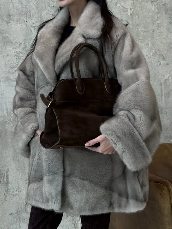 Меховое полупальто из аукционной серо-голубой норки с английским воротником - фото 1