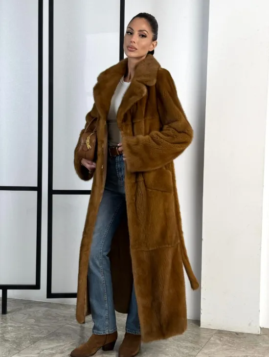 Классическая длинная норковая шуба под пояс - английский воротник - фото 8