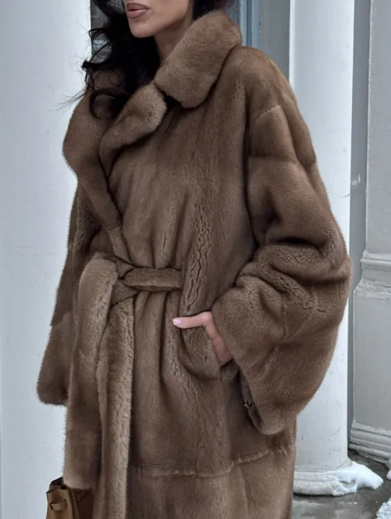 Плюшевая норковая шуба - кимоно с английским воротником - фото 1