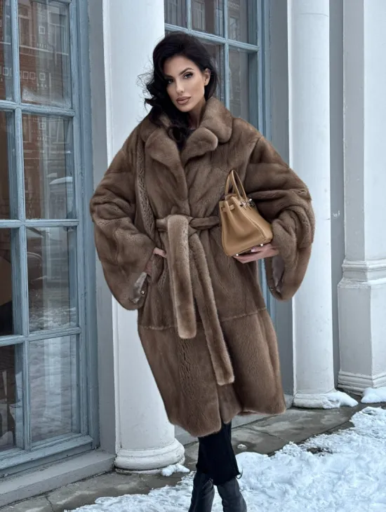 Плюшевая норковая шуба - кимоно с английским воротником - фото 11