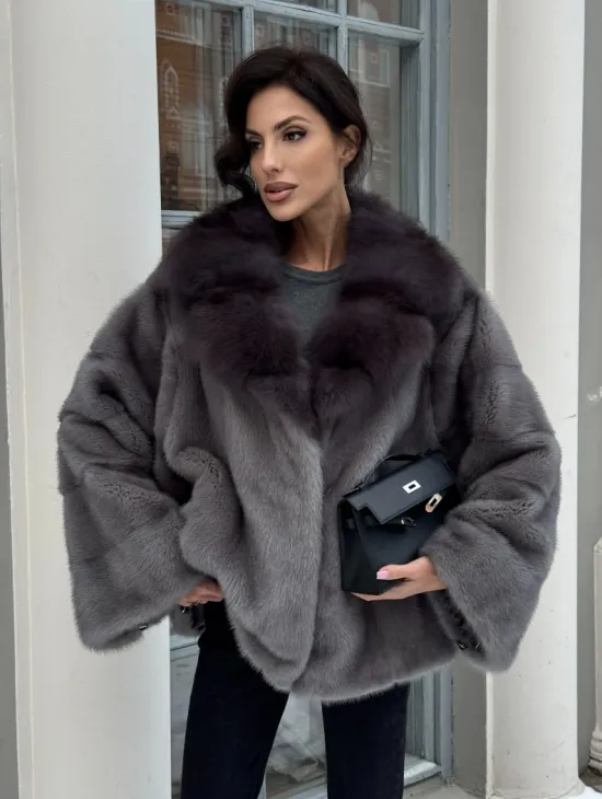 Автоледи шуба норковая с воротником из меха куницы - серый графит - фото 10