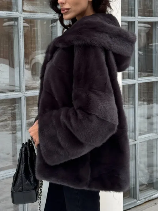 Меховой полушубок автоледи с капюшоном из меха норки графит - фото 2