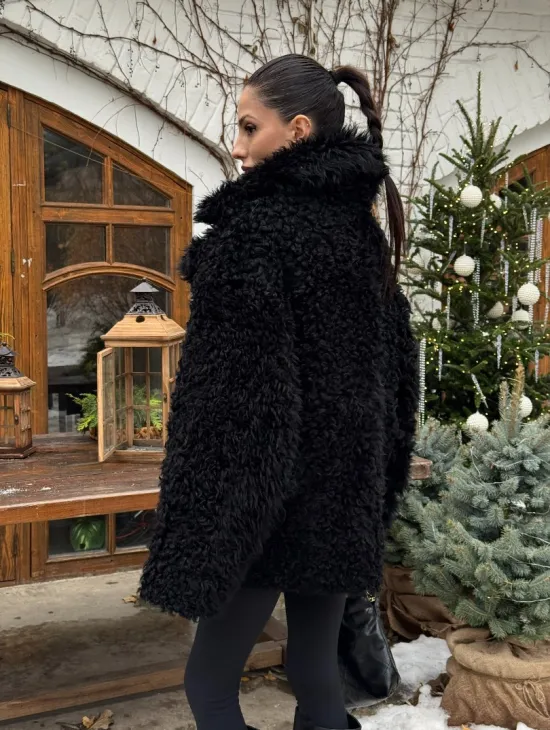 Черная короткая шуба - дубленка из испанской овчины «Тиградо» - фото 8