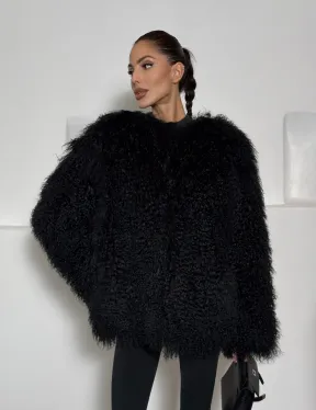 Черная шуба из меха ламы воротник шанель - фото 8