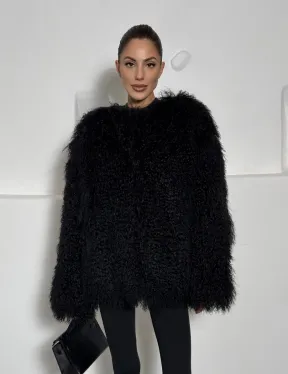 Черная шуба из меха ламы воротник шанель - фото 4