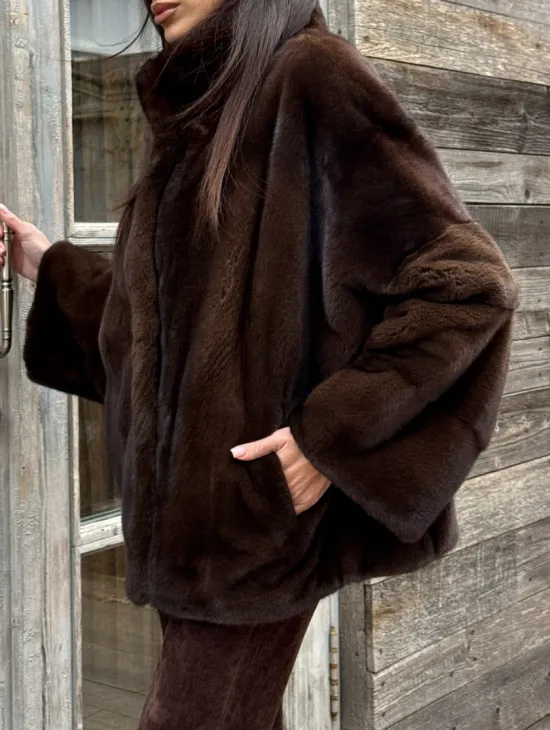 Норковый полушубок из меха аукционной норки, стойка воротник - фото 2