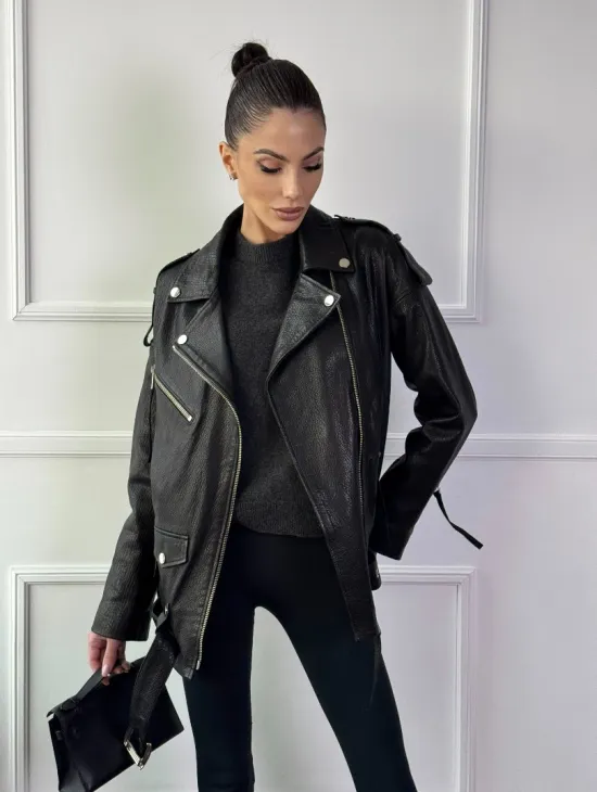 Классическая женская байкерская куртка - косуха из натуральной черной кожи Jumbo - фото 7