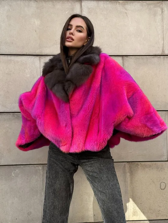 Полушубок - летучка из меха норки в цвете фуксия 